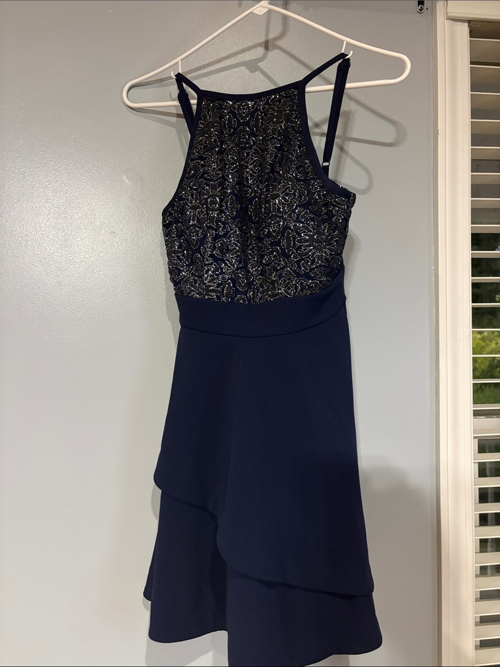 Xtraordinary Navy Blue Prom Dress with Gold Beaded Bodice